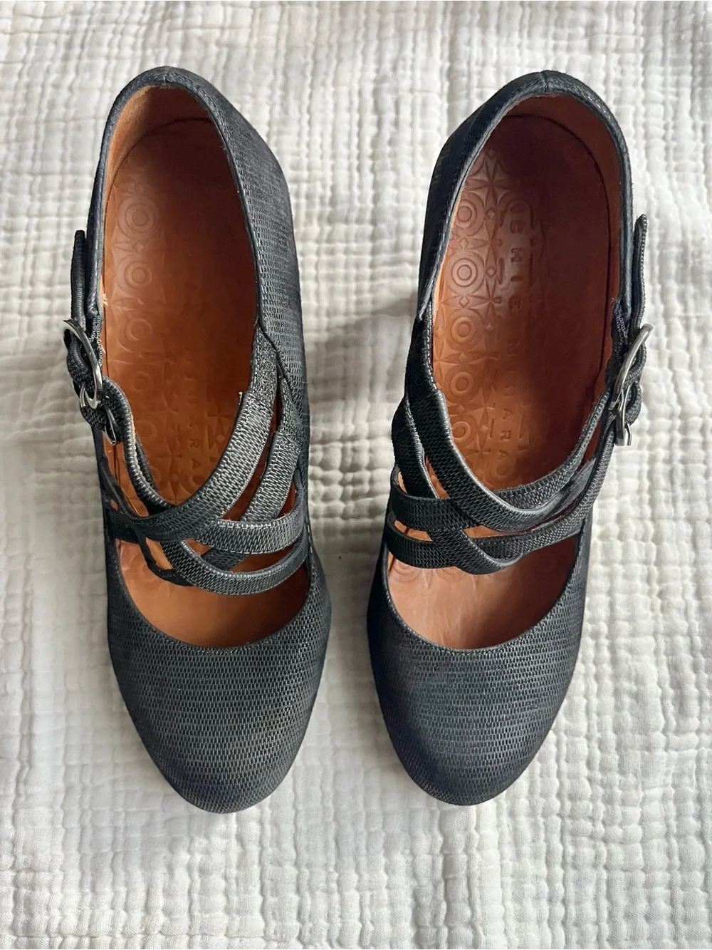 Chie Mihara Women’s Grey Criss Cross Buckle Leather Heels 37